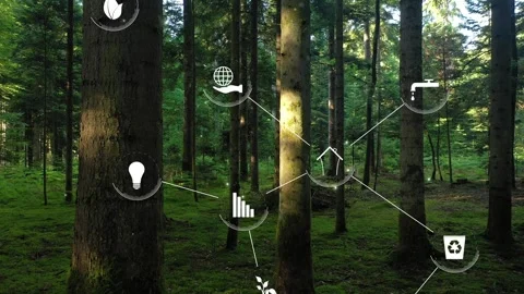 Vertical flight in mossy forest with eco icons connection animation Stock Footage 345064548