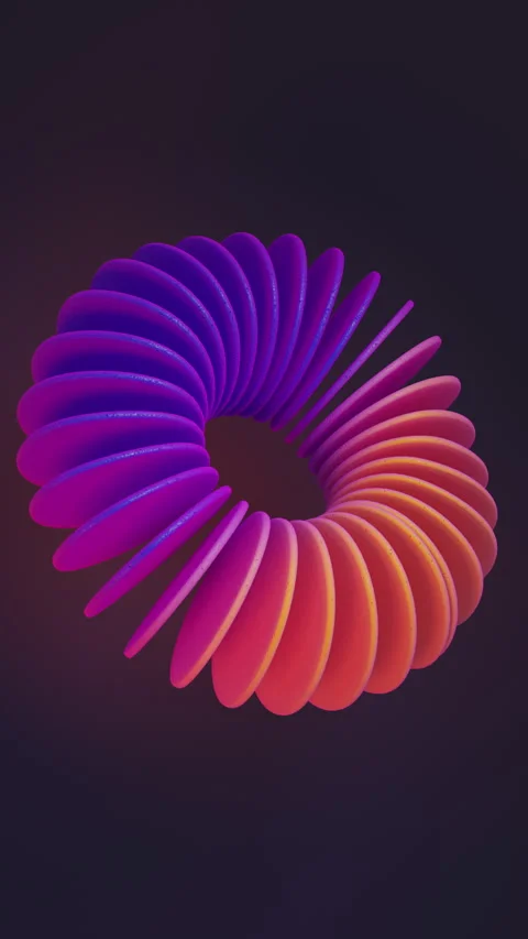 Vertical floating blue, orange and pink donut shaped abstraction on dark bg Stock Footage 243915400