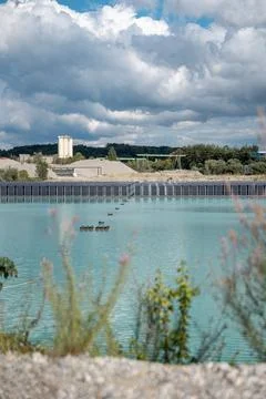 Vertical floating solar panels on the Gilching quarry lake in Bavaria, Germany Stock Photos