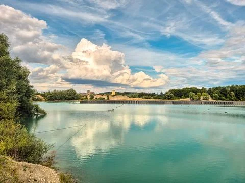 Vertical floating solar panels on the Gilching quarry lake in Bavaria, Germany Stock Photos