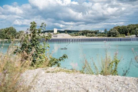 Vertical floating solar panels on the Gilching quarry lake in Bavaria, Germany Stock Photos