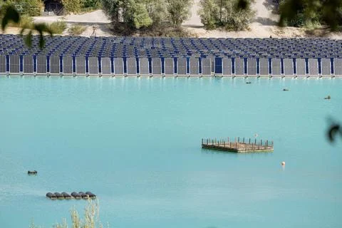 Vertical floating solar panels on the Gilching quarry lake in Bavaria, Germany Stock Photos