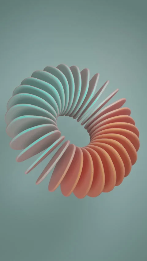 Vertical floating teal and coral donut shaped abstraction on colorful background Stock Footage 243915510