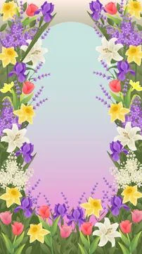Vertical floral frame with spring garden flowers Stock Illustration