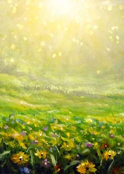 Vertical flower sunny spring summer painting wildflowers field landscape back Stock Illustration