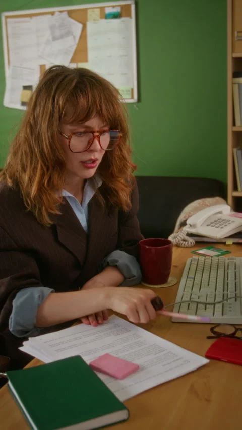Vertical of Focused Woman Writing on Document and Checking Notebook in Office Stock Footage 341431002