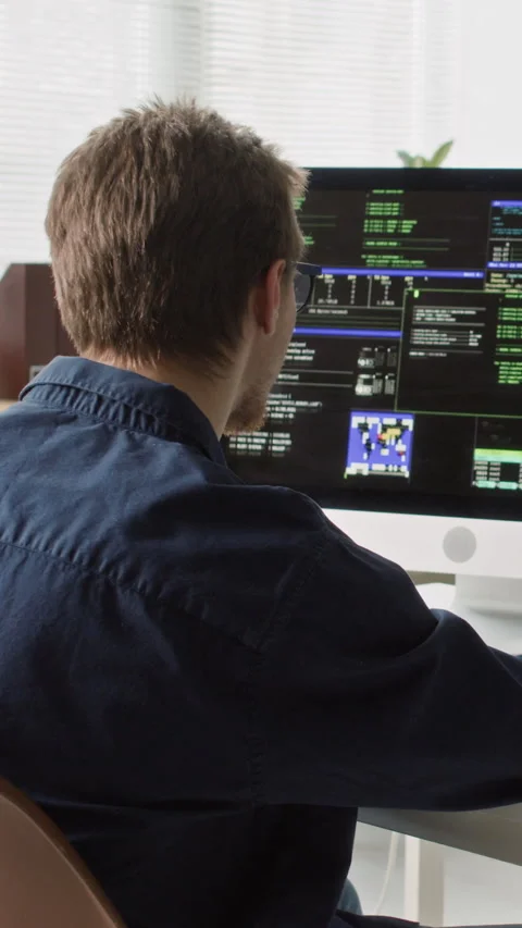 Vertical of Focused Young Male IT Engineer Coding on Computer in Office Stock Footage 330157373