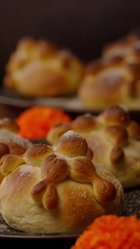 Vertical food video, bread of the dead and marigold flowers Stock Footage 282499394