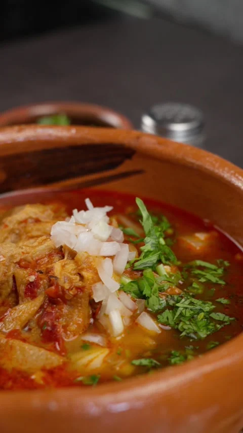Vertical food video mole de panza menudo or mondongo close up Stock Footage 280326613