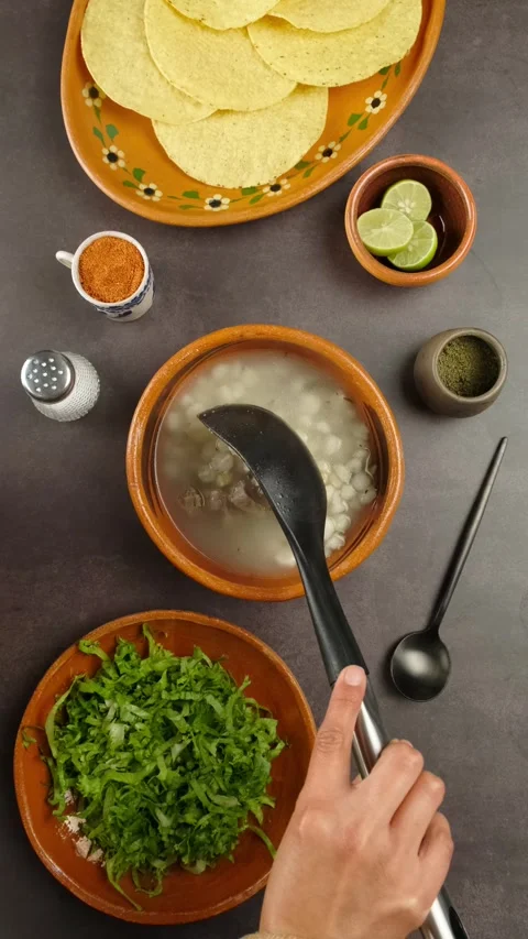 Vertical food video serving hot pozole to celebrate Mexican independence Stock Footage 280360925