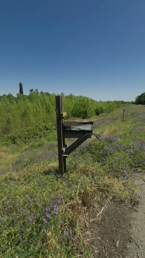 Vertical footage of abandoned rusty mailbox on grassy rural hillside Video stock 343817092