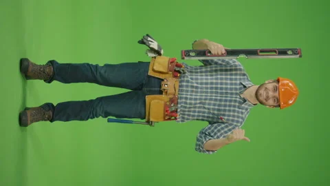 Vertical Footage. Builder Lifting the Bubble Level Tool Up,Making Thumbs Up Stock Footage 224784260