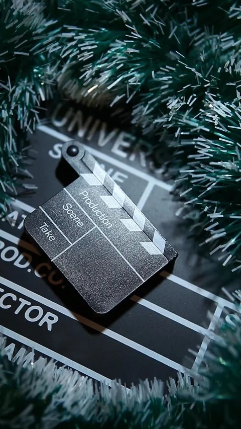Vertical footage of clapper board hand tinsel Stock Footage 259554902