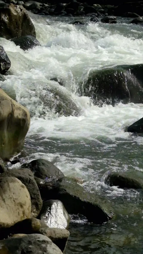 Vertical footage of a clear mountain river flowing rapidly through river rocks Video stock 320922628
