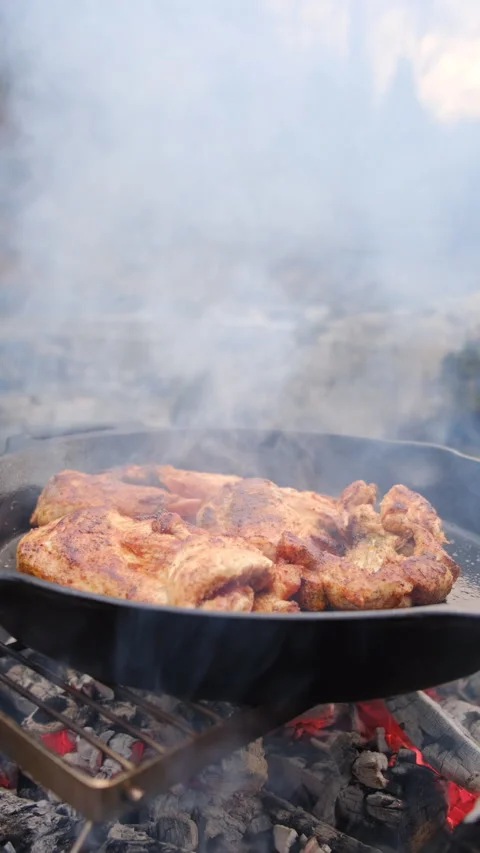 Vertical footage of process cooking chicken fillet in frying pan at nature Vidéo 299702634