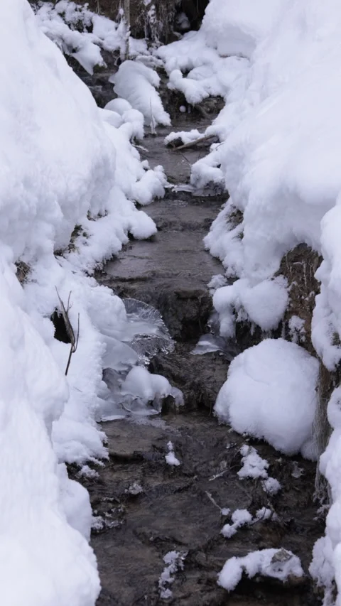 Vertical footage of a spring water flows through a snowy park Video stock 264363837