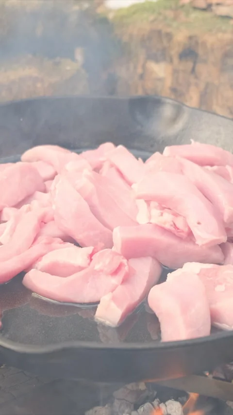 Vertical footage of unknown young man cooking meat in pan on bonfire Stock Footage 308717881