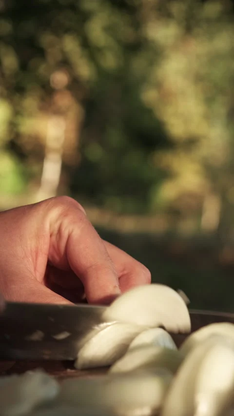 Vertical footage of young man chops onions on wooden board in garden Stock Footage 286309062