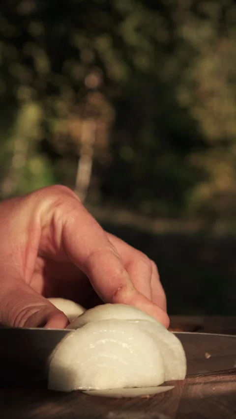 Vertical footage of young man chops onions on wooden board in garden Stock Footage 286309063