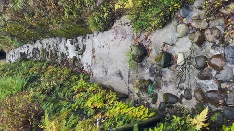 Vertical format deep concrete drainage creek flows gently downhill Stock Footage 328588594