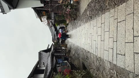 Vertical format: Tourists walk famous Nakasendo trail on rainy day Stock Footage 328525520