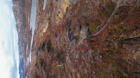 Vertical format: Trekkers hike on Arctic Circle Trail tundra, Greenland Stock Footage 318448272
