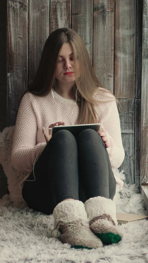 Vertical Format Video of Beautiful young girl sitting at the window, listening Stock Footage 309648208