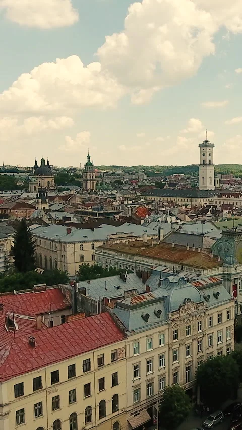 Vertical Format Video of city center of Lviv, Ukraine from above. Drone panning Stock Footage 309452069