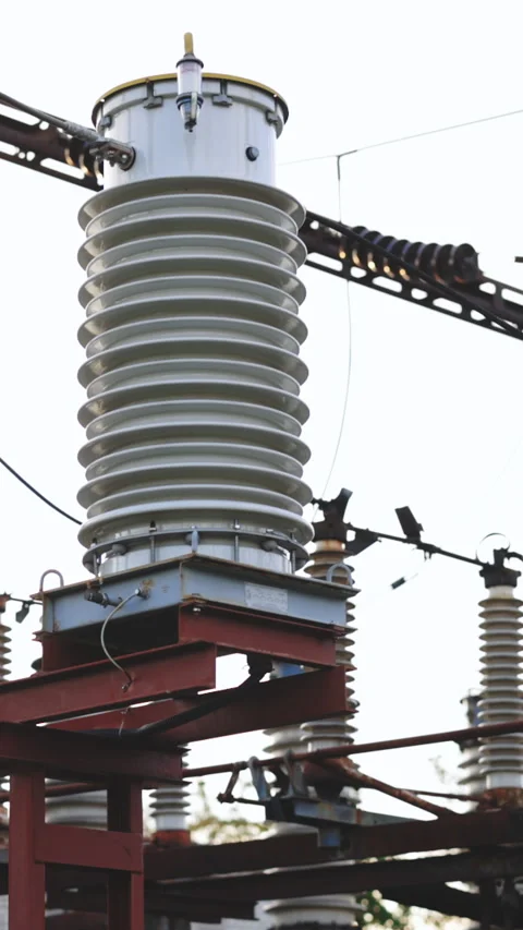 Vertical Format Video of Electric power plant. High voltage substation with tall Stock Footage 304273944