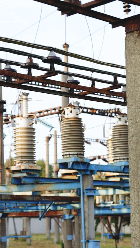 Vertical Format Video of High voltage power station. Transformation station and Stock Footage 304273893