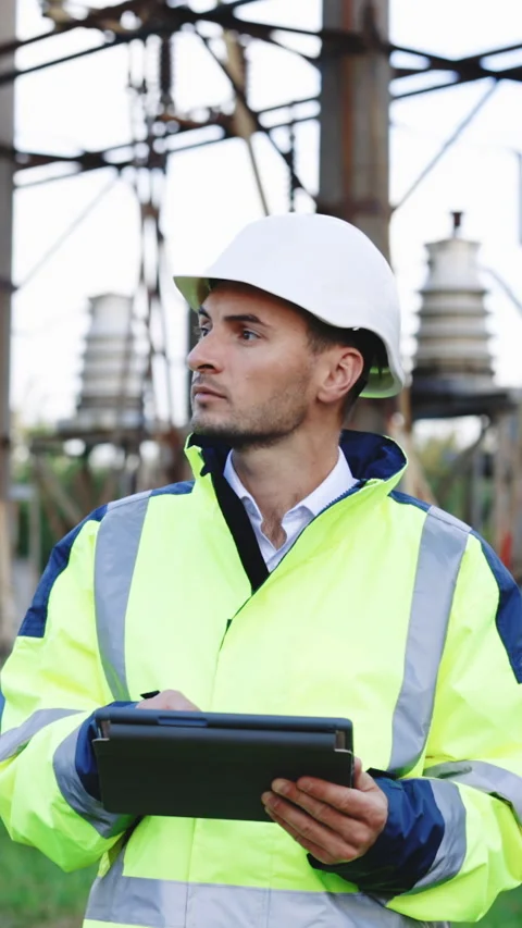 Vertical Format Video of Male engineer in uniform and helmet standing outdoor Stock Footage 304273632