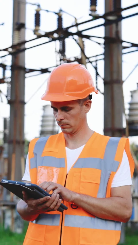 Vertical Format Video of Portrait of male engineer in uniform and helmet Stock Footage 304273553