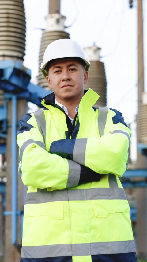 Vertical Format Video of Portrait of young smiling asian electric worker with Stock Footage 304274129