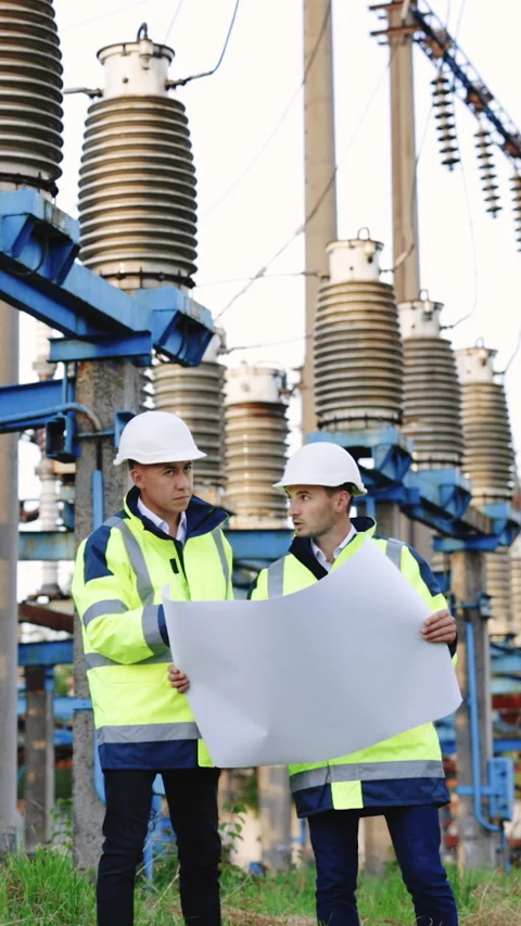 Vertical Format Video of Two engineers in white safety helmets and green signal Stock Footage 304274010