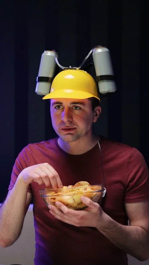 Vertical Format Video of Young funny man with beer helmet on the head eating Stock Footage 303493133