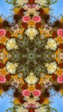 Vertical frame Angular floral design with red orange and white flowers at a Stock Photos