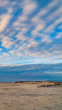 Vertical frame Boundless blue sky with gray and white clouds over a vast sandy Stock Photos