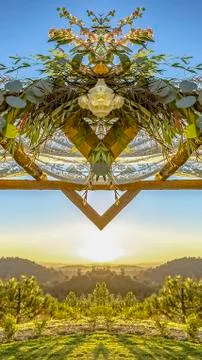 Vertical frame Chuppah refleced in half at a Jewish wedding with sunset behind Stock Photos