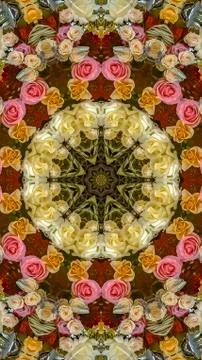 Vertical frame Design pattern made from pink yellow white orange roses at Foto stock