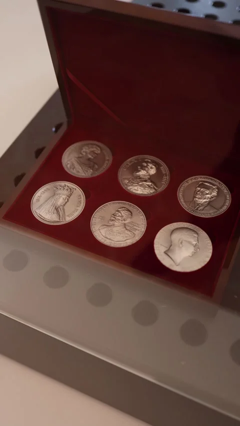 Vertical frame: A display case with six silver commemorative coins, each featuri Stock Footage 301241218