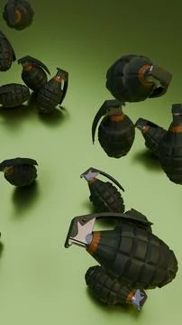 Vertical frame of floating grenades against soft green, moody depth and light Stock Illustration