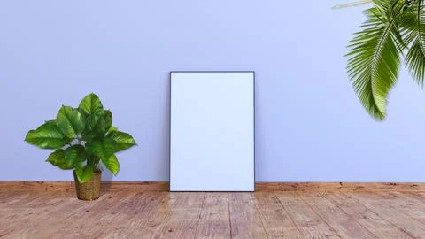 Vertical frame mock up on a white gray wall with wooden floor 3d rendering. Illustrazione stock