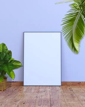 Vertical frame mock up on a white gray wall with wooden floor 3d render Illustrazione stock