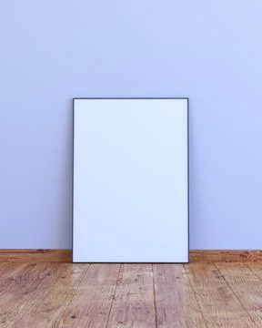 Vertical frame mock up on a white gray wall with wooden floor 3d render Illustrazione stock