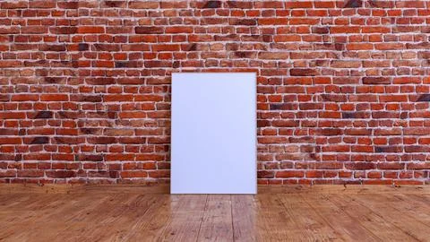 Vertical frame mockup on a red brick wall with wooden floor. Illustrazione stock
