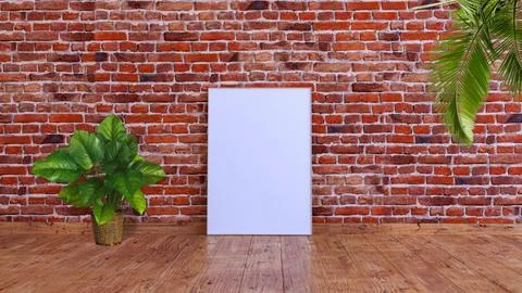 A vertical frame mockup on a red brick wall with wooden floor, palm leaves and Stock Illustration
