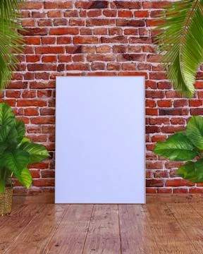 A vertical frame mockup on a red brick wall with wooden floor, palm leaves and Illustrazione stock