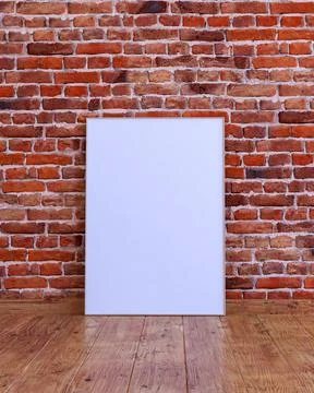Vertical frame mockup on a red brick wall with wooden floor. Illustrazione stock