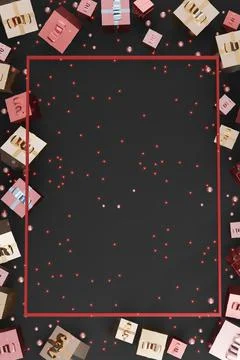 Vertical frame new year and christmas background gift box balloons and ribbon Stock Illustration