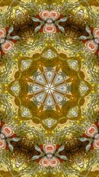 Vertical frame Pink flowers in a circular design with green leaves and yellow 写真素材